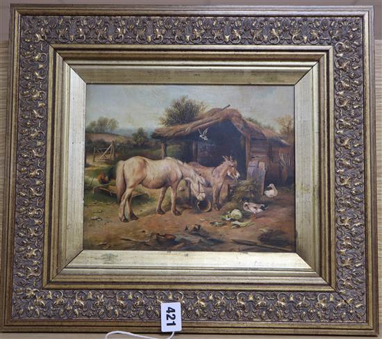 A Victorian style oil on board of donkeys in a farmyard, 19 x 24cm